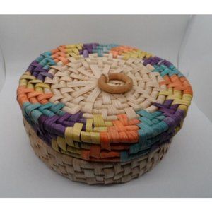 Round Hand Woven 4" x 9"  Basket with attached multi-colored Lid